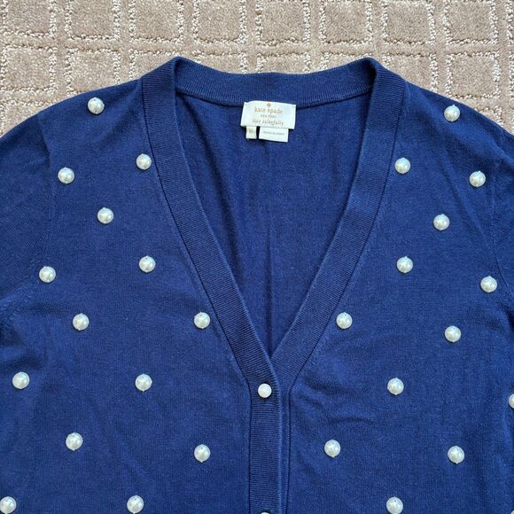Kate Spade Cardigan Sweater Womens M Navy Blue Pearl Beads Cotton Silk Cashmere - Picture 2 of 8